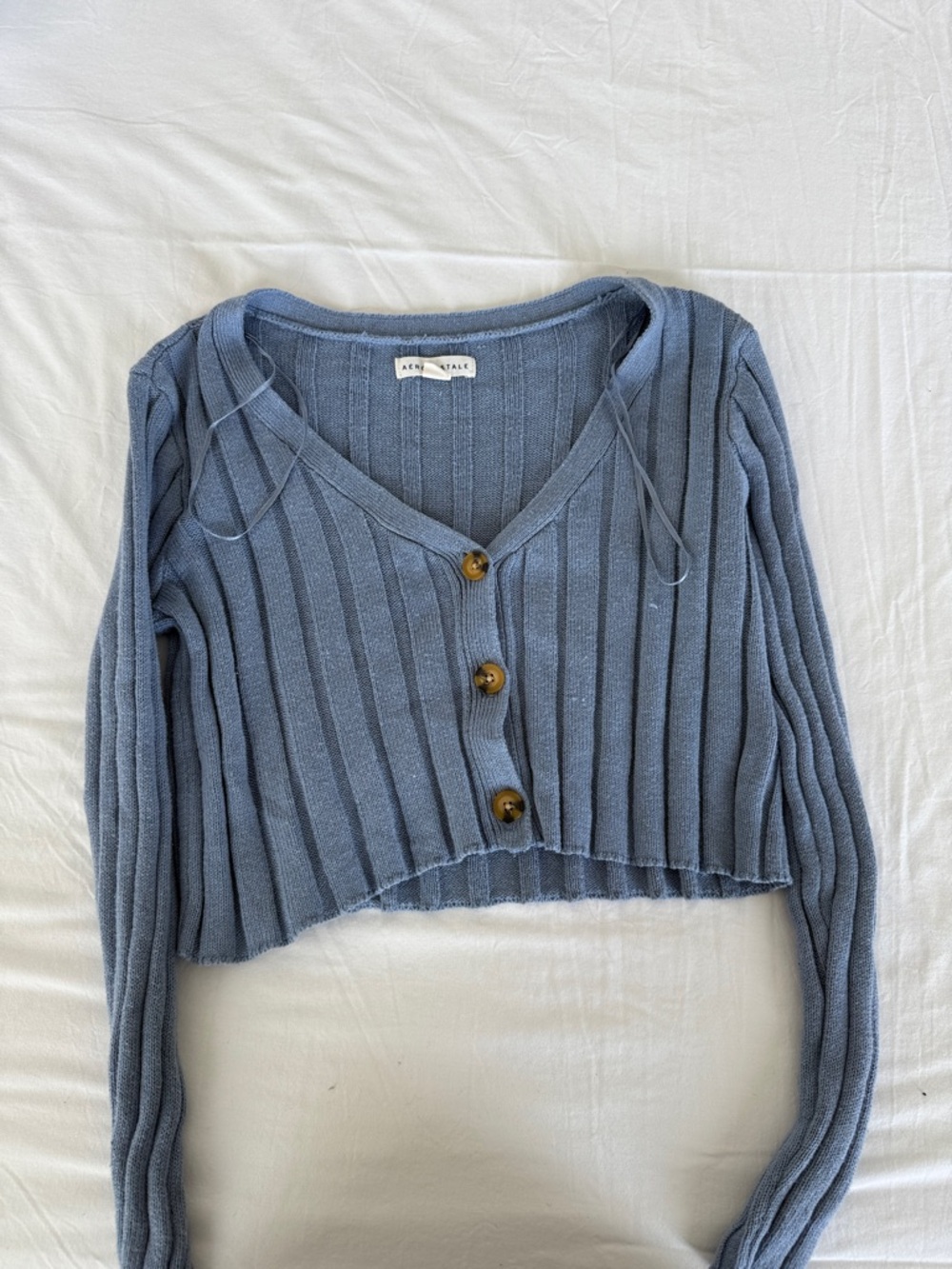 Aeropostale Ribbed Cropped Button-Down Cardigan in Dusty Blue